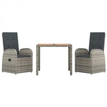 Vidaxl Garden Dining Set, 3 Pieces, Grey, Poly Rattan & Solid Wood (Acacia)