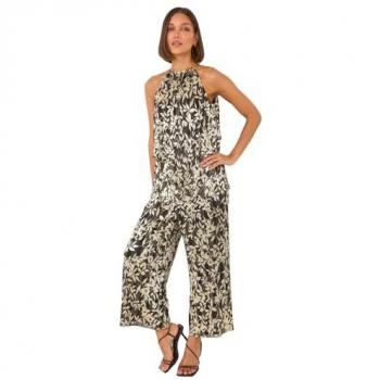 Roman Women's Gold Plissé Foil Print Jumpsuit