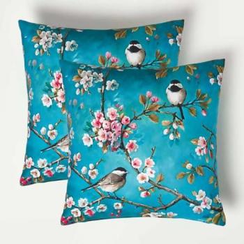 Coussin d'extérieur bleu avec oiseaux 45 x 45 cm