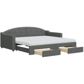 Fabric Daybed with Trundle and Drawers – Light Grey, 90x190 cm