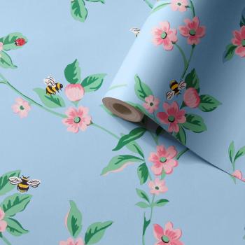 Papier peint floral Cath Kidston Greenwich Fleurs Bleu et Rose