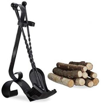 Attrezzi per Camino in Acciaio, Set Completo di 4 Pezzi con Paletta, Scopetta e Attizzatoio, Stile Vintage, Nero