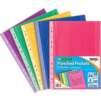 Tiger A4 Coloured Polypropylene Punched Pockets 45 Micron Top-Opening (Pack of 50)