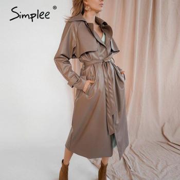 Abrigo largo marrón de PU para mujeres, con diseño moderno, cinturón y bolsillos, perfecto para el otoño