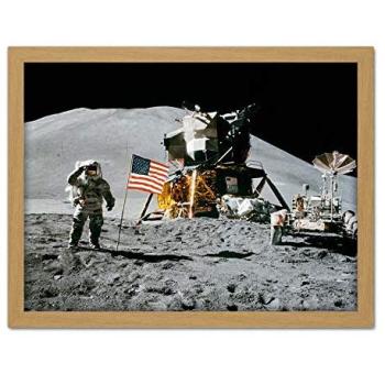 Space Legacy: Apollo 15 Flag on the Moon – Large Framed Wall Décor (Light Oak, 18×24)