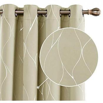 Deconovo Home Decoration Eyelet Room Darkening Curtains Silver Wave Foil Printed Curtains Energy Saving Curtains for Living Room Beige W66 x L72 One Pair