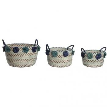 Caja de Cestas Trío Seagrass PP 46×44×34 con Pompones – Identificador DC204063