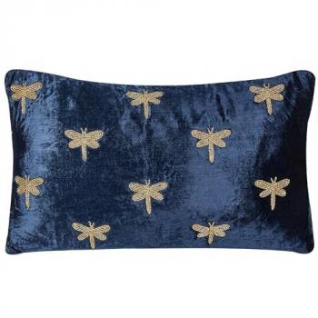 Cuscino Decorativo Moderno Glamour in Velluto Blu Marino 30 x 50 cm con Motivo Animale Libellula