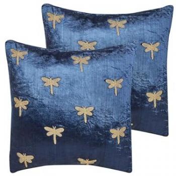 Cuscini Decorativi Blu-Oro 45x45 cm – Motivo Libellula, Set 2 pezzi