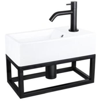 Lave-Mains Force 40x22x8 cm – Robinet Courbé Noir, Siphon et Bonde Rectangulaire en Céramique Blanche