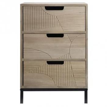 Mobili Rebecca Table de chevet sculpté avec 3 tiroirs en bois et métal marron clair 35x53x29cm