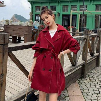 Red Women's Belted Mid-Length Windbreaker Trench Coat