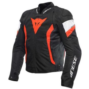 Dainese Avro 5 Tex Giubbotto Moto in Nero e Rosso Fluo con Taglio Bianco, 48