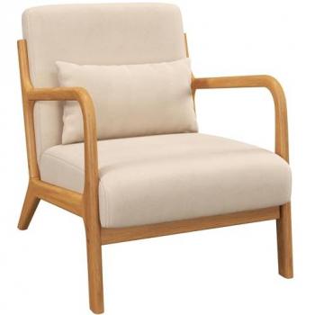 Homcom Fauteuil lounge 3 coussins bois hévéa aspect velours beige Beige 61x76x71cm