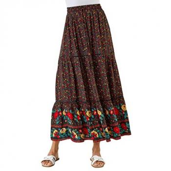Roman Women's Black Viscose Floral Maxi Skirt