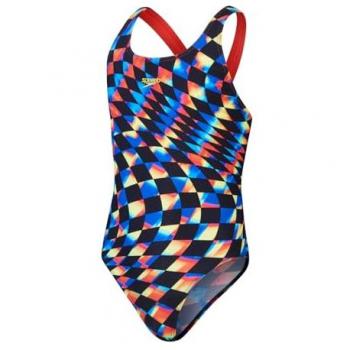 Speedo Girls Black Red Digital Allover Leaderback Swimsuit