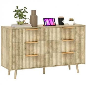 Commode HOMCOM 6 tiroirs chêne – finition bois effet cannelé, poignées métal doré