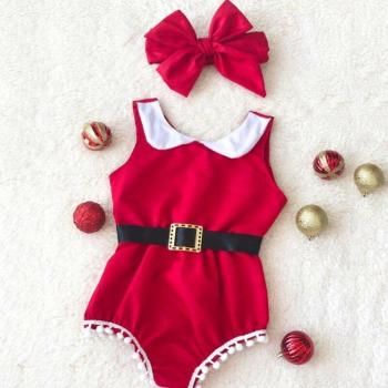 Bebé Santa Outfit: Mono Borla Navideño 0-24M con Diadema y Estampado de Santa