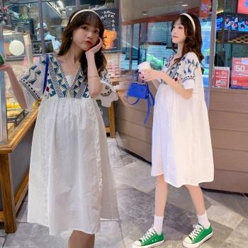 Summer Embroidery Lace V Neck Maternity Dress for Women