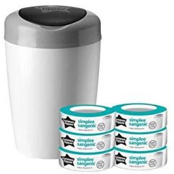 Tommee Tippee Sangenic Simplee Windeleimer mit 6 Nachfüllkassetten, Weiß/Grau