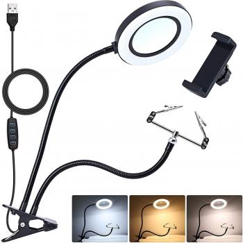 Lampe loupe LED de bureau 5 dioptries, lentille en verre, 3 couleurs, support pour artisanat 5X