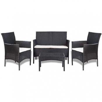 4-tlg. Garten-Lounge-Set mit Auflagen Poly Rattan Schwarz