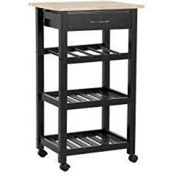 Carrello da Cucina Nero in MDF e Legno di Gomma con 2 Ripiani, Cassetto per Posate, Portabottiglie e Ruote