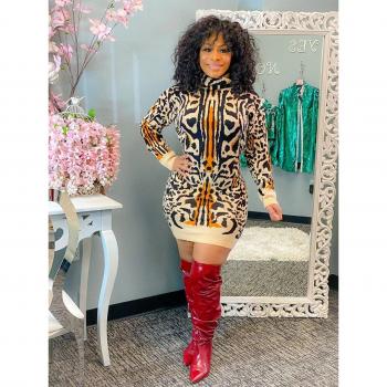 Robe Midi Femme Léopard à Manches Longues