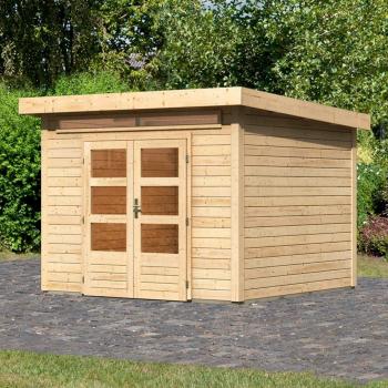 Karibu Gartenhaus „Ammersee 4“ – Naturbelassenes beige Holz, Nordische Fichte, 274 × 274 cm, terragrau‑Fassade