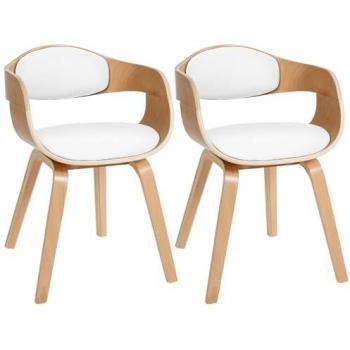 Set de 2 chaises de salle à manger en similicuir blanc avec accoudoirs et piétement en bois