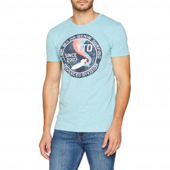TOM TAILOR Denim Herren T-Shirt V-Ausschnitt Melange Optik und Slogan, Blau