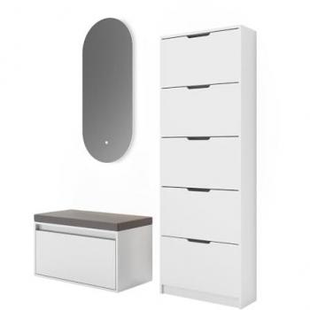 Meuble Chaussures Luca 3 Pièces – Miroir LED et Banc (Blanc)