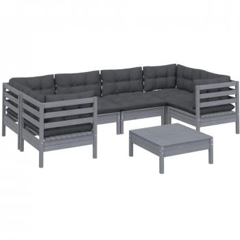 Muebles de exterior 7 piezas con cojines grises de pino