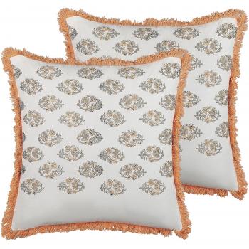 Set of 2 Handmade Cotton Cushions White and Orange 45 x 45 cm with Tassels