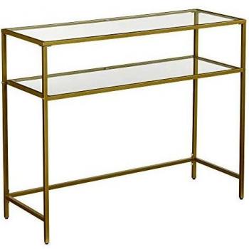 VASAGLE Hartglas Beistelltisch, Konsolentisch mit Ablagen, goldfarben