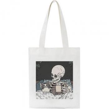 Vintage Skull & Cat Cartoon Print Women’s Casual Chic Canvas Shoulder Bag, Large Capacity, Zipper Closure