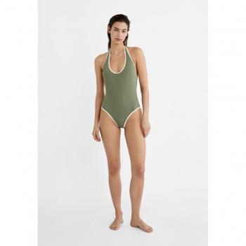 Stradivarius XS Halter Swimsuit Khaki with Contrast Piping