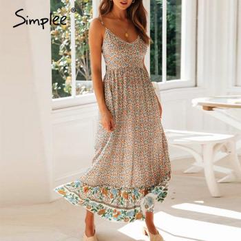 Robe de plage à imprimé floral pour femmes, col en V, bretelles, longue, taille haute, style A-ligne