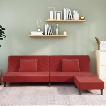 Sofá cama con reposapiés y 2 cojines en terciopelo rojo tinto
