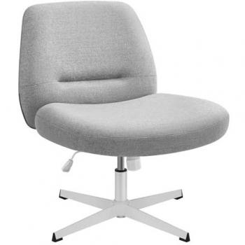 Silla de Oficina con Base en Cruz, Asiento Cómodo y Ancho, Altura Ajustable, Sin Ruedas, Tela de Lino de Algodón, Crema