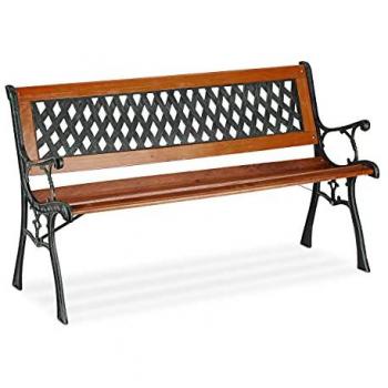 Relaxdays 2-Sitzer Gartenbank aus Holz und Gusseisen, rotbraun/schwarz, rustikal für Balkon und Terrasse
