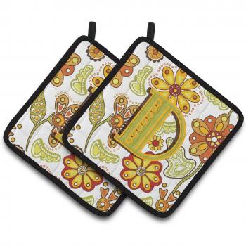 Caroline's Treasures Letter D Floral Mustard & Green Kitchen Pot Holders