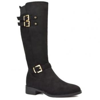 Amy Calf‑Boots with Elasticated Kneehigh and Buckles – Jet Black