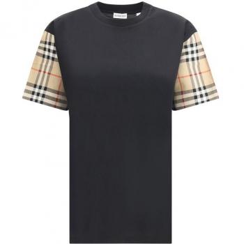 Burberry Black Check Detail Cotton T-Shirt for Women