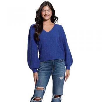 Guess Blue V-Neck Knit Sweater for Women