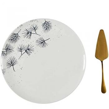 Plateau de tarte et pelle dorées Feuilles – Marque : The Home Deco Factory – Modèle : M4voir – Blanc – Porcelaine – Rond
