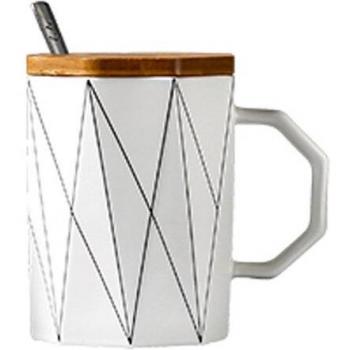 Modern Geometric Mug with Bamboo Lid and Metal Spoon, 400ml