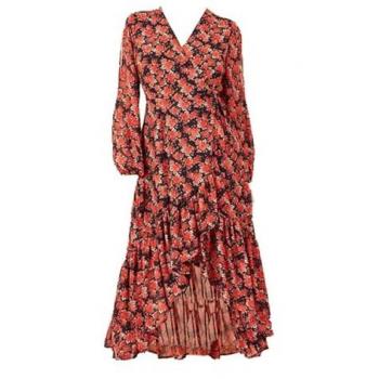 Yumi Red Rose Print Dipped Hemline Dress – Open Long Sleeve Midi, Size 16
