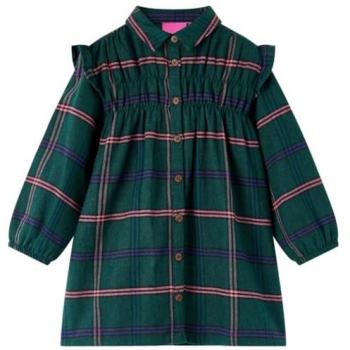 Vestido Infantil de Manga Larga con Volantes y Cuello de Camisa en Verde Oscuro 104