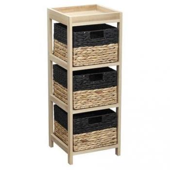 Chiffonnier en bois clair avec 3 paniers en jacinthe naturelle et noire